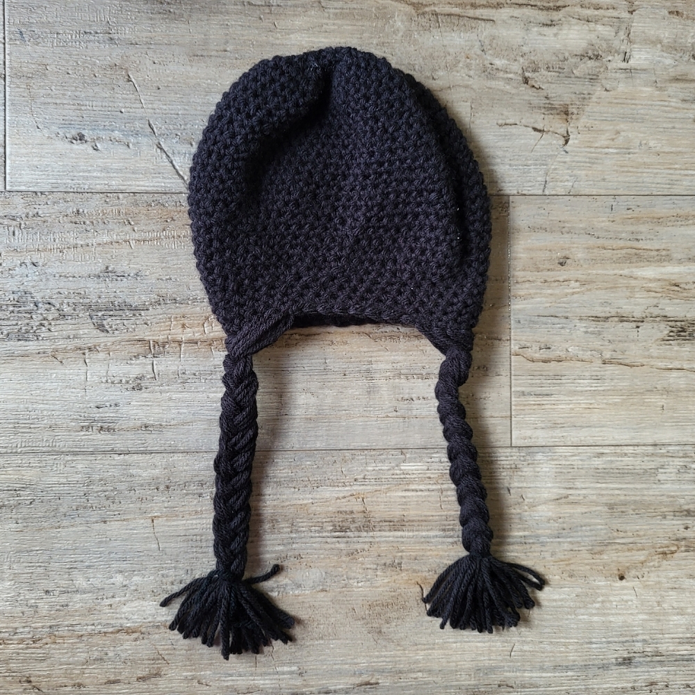 2-3m baby size Wednesday Addams hat, black, braids, handmade, fast shipp…